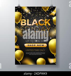 Illustration de la vente du Vendredi fou avec lettrage doré et ballon de fête sur fond sombre. Modèle vectoriel pour le nouvel an et le Noël pour le message d'accueil Illustration de Vecteur