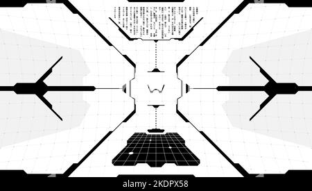 Cible d'affichage tête haute de la technologie virtuelle VR HUD. Écran de pare-soleil high-tech cyber punk à interface futuriste numérique. Interface utilisateur graphique de FUI, panneau noir et blanc du tableau de bord du cockpit du vaisseau spatial avec code de programme. Vecteur Illustration de Vecteur