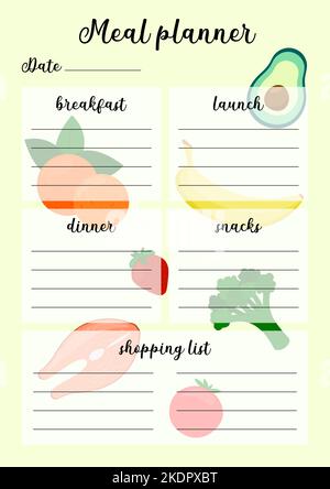 Page imprimable Meal Planner. Modèle vectoriel du plan de cuisson quotidien et de la liste d'achats. Illustration avec nourriture sur fond. Illustration de Vecteur