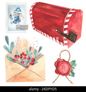 Ensemble d'enveloppes, de boîtes aux lettres, de sceaux et de timbres de Noël. Illustration aquarelle. Isoler. Banque D'Images