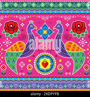 Motif vectoriel sans couture style camion pakistanais et indien avec paons, coeurs et roses, motif floral décoratif oiseau éclatant Illustration de Vecteur