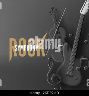 Rock affiche symphonie avec 3D rend guitare noire et alto en composition avec clef et notes, monochrome style moderne Illustration de Vecteur