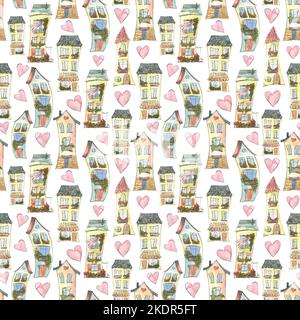 Jolies maisons avec coeurs. Illustration aquarelle en style esquisse avec éléments graphiques provenant d'un grand ensemble de PARIS. Motif sans couture. Pour le tissu Banque D'Images
