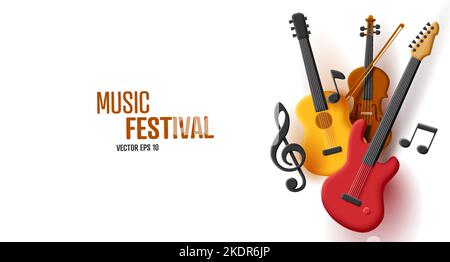 Festival de musique 3D composition de guitare violon et basse avec clef et notes, élément d'affiche coloré, isolé Illustration de Vecteur