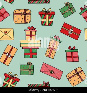 Boîtes-cadeaux, présente un ensemble d'icônes vectorielles sans couture. Doodle dessiné à la main. Textile en papier coloré. Concept de vente au détail. Anniversaire Noël. C Illustration de Vecteur