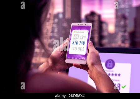 2FA authentification à deux facteurs sur ordinateur portable et application de téléphone mobile. Authentification en 2 étapes, deux étapes concept de mot de passe de code de vérification. Sécurisez l'accessoire Banque D'Images