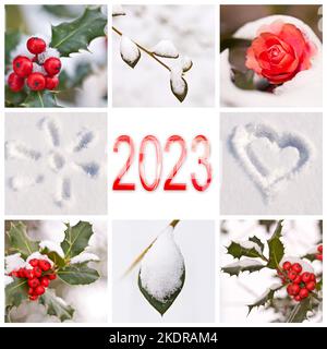 2023, neige et hiver rouge et blanc nature photos collage, carte de vœux du nouvel an Banque D'Images