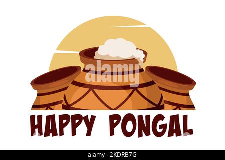 Happy Pongal Harvest india carte de fête religieuse avec pot en terre battue avec fond de soleil Illustration de Vecteur