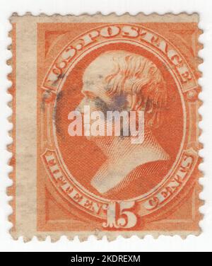 USA - 1870: Timbre-poste de 15 cents Bright orange représentant le portrait de Daniel Webster, avocat et homme d'État américain qui a représenté le New Hampshire et le Massachusetts au Congrès américain et a servi comme secrétaire d'État des États-Unis sous les présidents William Henry Harrison, John Tyler, et Millard Fillmore. Webster était l'un des avocats américains les plus éminents du 19th siècle, et a plaidé plus de 200 affaires devant la Cour suprême des États-Unis entre 1814 et sa mort en 1852. Au cours de sa vie, il a été membre du Parti fédéraliste, du Parti républicain national et du Parti Whig Banque D'Images