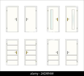 8 portes, blanches, avec ferrures de portes en verre, laiton et métal, vector Illustration de Vecteur