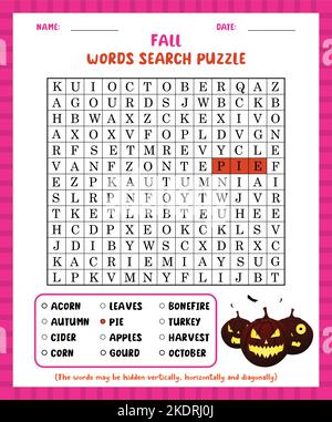 Jeu de recherche de mot automne recherche de mot feuille de calcul pour apprendre l'anglais. Illustration de Vecteur