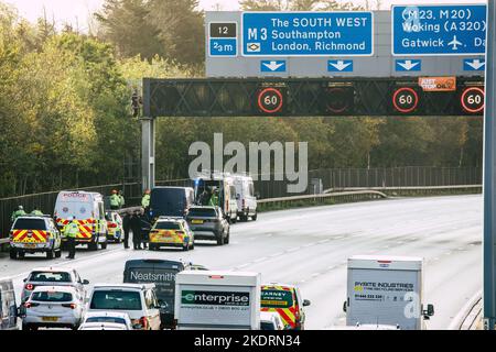 Thorpe, Royaume-Uni. 8th novembre 2022. Les policiers de Surrey retirent un activiste Just Stop Oil d'un portique suspendu au-dessus de l'autoroute M25 entre les jonctions 12 et 13. Il suffit de stopper le trafic sur plusieurs sites le M25 pour une deuxième journée dans le cadre de leur campagne visant à exiger que le gouvernement arrête tous les nouveaux permis et consentements de pétrole et de gaz. Crédit : Mark Kerrison/Alamy Live News Banque D'Images