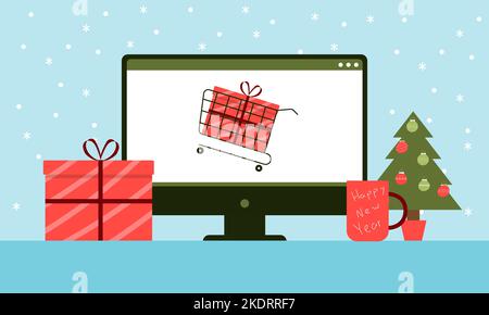Achat en ligne de cadeaux pour Noël et le nouvel an. Concept de vente des fêtes Illustration de Vecteur
