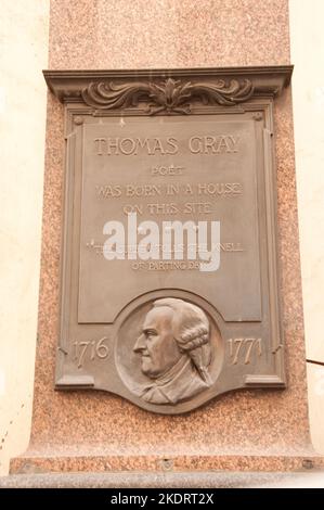 Plaque dédiée à Thomas Gray (poète) qui vivait sur ce site, The City, Londres, Royaume-Uni Banque D'Images