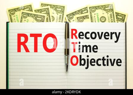 Symbole de l'objectif de temps de récupération RTO. Concept mots RTO temps de récupération objectif sur note blanche sur un beau fond blanc. Reprise de l'activité et RTO Banque D'Images