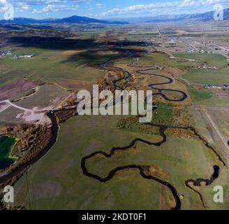 Vue aérienne par drone de la rivière Water creek ou de la voie navigable dans le champ de prairie Banque D'Images