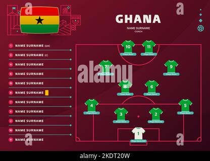 ghana line-up World football 2022 Tournament final stage illustration vectorielle. Table de sélection de l'équipe de pays et formation de l'équipe sur le terrain de football Illustration de Vecteur