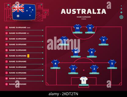 illustration vectorielle de la dernière étape du tournoi mondial de football 2022 en australie. Table de sélection de l'équipe de pays et formation de l'équipe sur le terrain de football Illustration de Vecteur