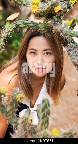 Jeune femme en robe noire et blanche regardant à travers les branches de Cactus Banque D'Images