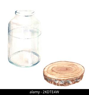 Jeu de bouteille en verre transparent, vase, pot et scie en bois coupée de côté. Illustration aquarelle sur fond blanc. Pour compositions florales Banque D'Images