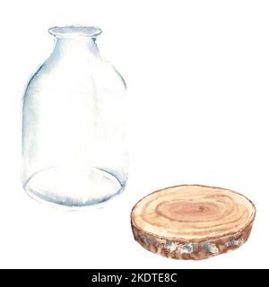 Jeu de bouteille en verre transparent, vase, pot et scie en bois coupée de côté. Illustration aquarelle sur fond blanc. Pour compositions florales Banque D'Images