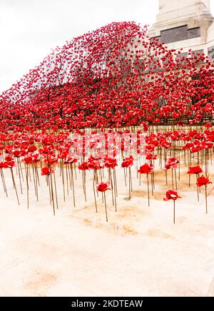 Des coquelicots en céramique à vagues qui surprennent ceux qui votent leur vie en mer pendant les deux guerres mondiales au Plymouth Hoe Navy War Memorial Banque D'Images