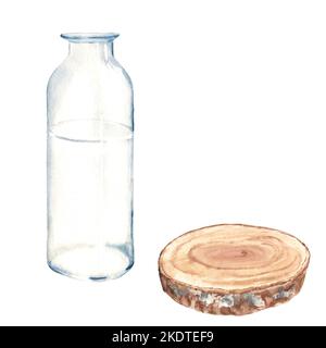Jeu de bouteille en verre transparent, vase, pot et scie en bois coupée de côté. Illustration aquarelle sur fond blanc. Pour compositions florales Banque D'Images