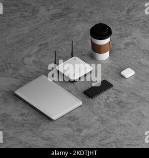 3D RENDU D'UN ORDINATEUR PORTABLE, D'UN ROUTEUR, D'UN TÉLÉPHONE MOBILE, D'UNE TASSE À CAFÉ ET D'UN AIRPODS SUR SOL EN BÉTON Banque D'Images