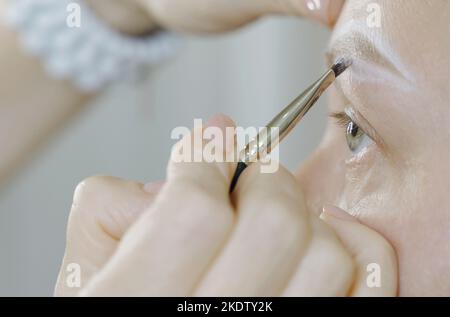 Colorier avec des lignes blanches le dessin de la forme des sourcils sur le visage d'une femme. Microblading. La beauté d'une femme. Banque D'Images