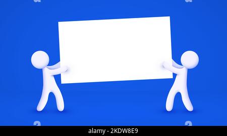 3d personnes de dessin animé blanc tenant une grande bannière vierge. Arrière-plan bleu isolé. Illustration vectorielle Illustration de Vecteur