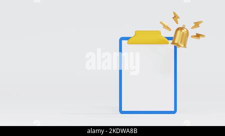 Presse-papiers avec papier blanc, cloche d'or et carte d'affaires avec tableau de fléchettes pour le concept de planification d'affaires, rendu 3D. Banque D'Images