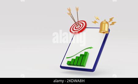 Presse-papiers avec papier blanc, cloche d'or et carte d'affaires avec tableau de fléchettes pour le concept de planification d'affaires, rendu 3D. Banque D'Images