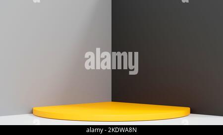 Podium de cylindre jaune avec mur gris, scène pour exposition de produit, rendu 3D. Banque D'Images