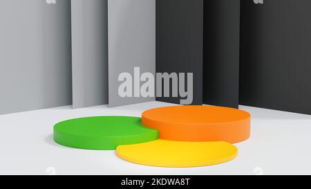 Podium jaune orange et vert avec paroi grise, scène pour l'exposition de produits, rendu 3D. Banque D'Images