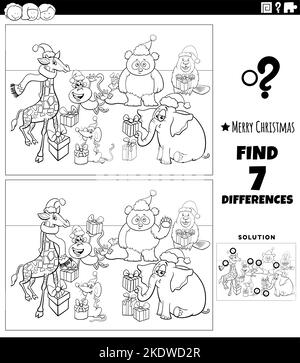 Dessin animé noir et blanc illustration de trouver des différences entre les images activité éducative pour les enfants avec des personnages animaux sur le Tim de Noël Illustration de Vecteur