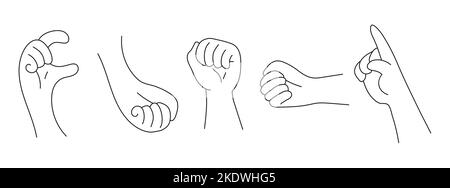 Vecteur de jeu de gestes de la main dans le style doodle, dessin au trait. Différents gestes vecteur de signe. Illustration de Vecteur