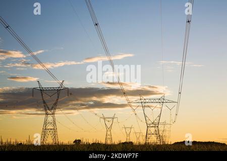 Silhoueté tours de transmission d'électricité dans le champ au coucher du soleil en été, Monteregie, Québec, Canada. Banque D'Images