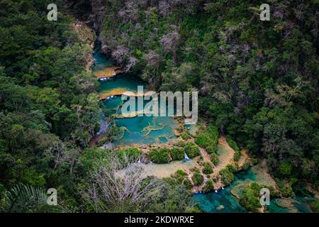 Semuc Champey, bassins de calcaire sur la rivière Cahabon, dans le département d'Alta Verapaz, au Guatemala. Banque D'Images