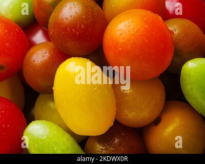 Gros plan appétissant avec des tomates colorées. Beaucoup d'objets. Couleurs vives. Une récolte abondante. Aliments biologiques. Un mode de vie sain. Il n'y a pas de personnes dans le th Banque D'Images