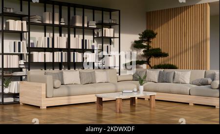 Moderne luxe contemporain maison salon intérieur avec canapé confortable, table basse, maison, étagères, mur de cloison doublé de bois, parquet Banque D'Images