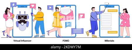 Influenceur virtuel, FOMO, concept de génération du millénaire avec des personnes minuscules. Jeu d'illustrations vectorielles de communication en ligne. Digital native et social med Illustration de Vecteur