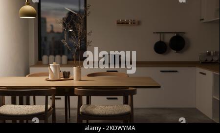 Moderne et confortable maison salle à manger et cuisine espace de cuisine design intérieur avec minimum de bois table à manger, chaises, armoires de cuisine et décor. Banque D'Images