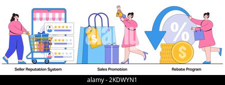 Système de réputation du vendeur, promotion des ventes, concept de programme de remise avec le caractère de personnes. Jeu d'illustrations vectorielles abstraites de commerce électronique. Boutique en ligne Illustration de Vecteur