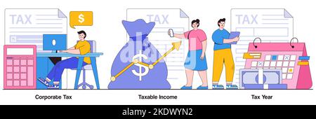 Impôt des sociétés, revenu imposable, année d'imposition concept avec caractère de personnes. Jeu d'illustrations vectorielles abstraites de paiement de taxes. Audit, tenue de livres et Illustration de Vecteur