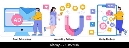 Pousser la publicité, attirer des suiveurs, concept de contenu mobile avec le personnage de personnes. Jeu d'illustrations vectorielles abstraites des gains de blogueur sur les médias sociaux. A Illustration de Vecteur