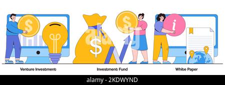Investissement de risque, fonds d'investissement, concept de livre blanc avec le caractère de personnes. Jeu d'illustrations vectorielles de création d'idées. Campagne de financement participatif Illustration de Vecteur
