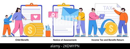 Prestation pour enfants, avis de cotisation, impôt sur le revenu et concept de déclaration de prestations pour les personnes minuscules. Ensemble d'illustrations vectorielles abstraites de fiscalité et d'évaluation. Illustration de Vecteur