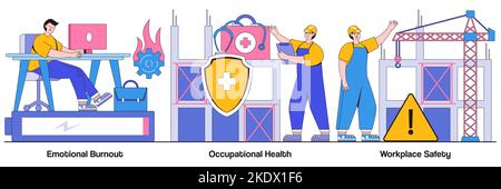 Surmenage émotionnel, santé au travail, concept de sécurité au travail avec des personnes minuscules. Jeu d'illustrations vectorielles de la santé des employés. Surcharge, prévention des blessures Illustration de Vecteur