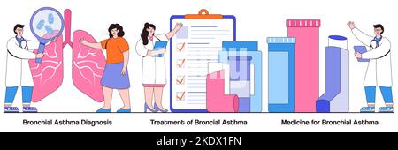 Diagnostic, traitement et médecine de l'asthme bronchique concept avec les personnes minuscules. Jeu d'illustrations de vecteur de maladie respiratoire. Essoufflement, respiration Illustration de Vecteur