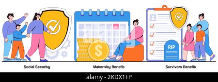 Notion de prestations de sécurité sociale, de maternité et de survivants avec des personnes minuscules. Jeu d'illustrations vectorielles d'allocation d'état. Assurance retraite, sup. Parentale Illustration de Vecteur